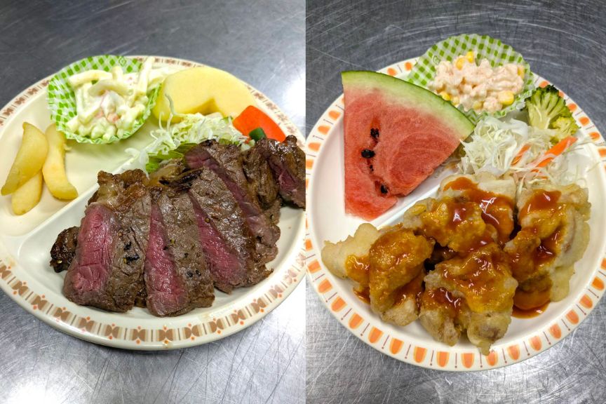 学生寮での行事食・イベントメニューの例「肉の日」「スイカ」